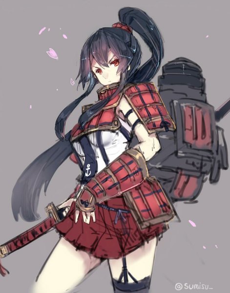 Anime picture 803x1023 with kantai collection yahagi light cruiser sumisu (mondo) single long hair tall image looking at viewer black hair simple background red eyes signed ponytail grey background girl weapon petals sword armor katana
