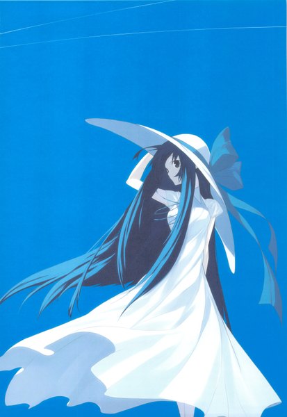 Anime picture 1103x1600 with original senmu single long hair tall image blue hair black eyes blue background girl dress hat