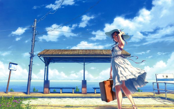 Anime picture 1920x1200 with original hisakata souji single highres blue eyes black hair wide image sky cloud (clouds) girl hat bag sundress power lines