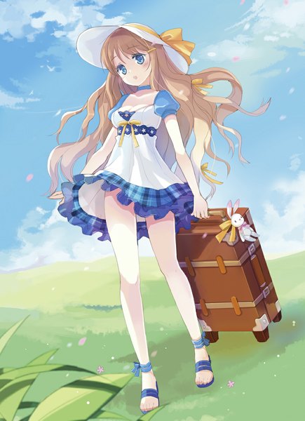 Anime picture 865x1193 with original jin young-in single long hair tall image looking at viewer blush open mouth blue eyes blonde hair sky cloud (clouds) girl dress plant (plants) hat petals grass sandals suitcase