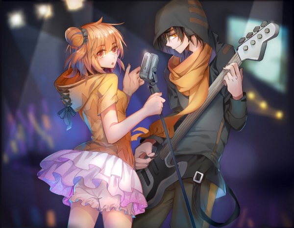 Anime picture 1211x942 with kagerou project shaft (studio) kisaragi momo konoha (kagerou project) kuroha zhuagui looking at viewer short hair open mouth black hair smile yellow eyes looking away profile orange hair hair bun (hair buns) orange eyes one side up playing instrument girl