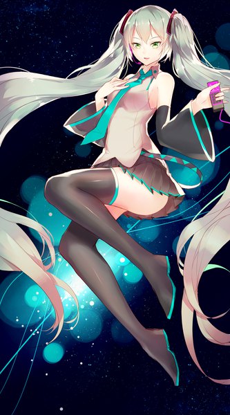 Anime picture 1181x2125 with vocaloid hatsune miku horz single tall image looking at viewer fringe open mouth smile twintails holding green eyes bent knee (knees) very long hair :d pleated skirt green hair wide sleeves zettai ryouiki lens flare