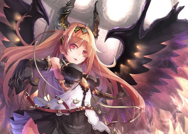 Anime picture 1492x1069 with shingeki no bahamut granblue fantasy dark angel olivia saraki single long hair looking at viewer fringe breasts blonde hair smile hair between eyes red eyes bare shoulders payot upper body parted lips horn (horns) from below armpit (armpits)