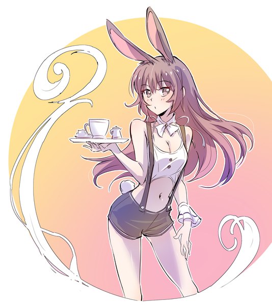 Anime picture 1779x2000 with rwby rooster teeth velvet scarlatina iesupa single long hair tall image looking at viewer highres breasts brown hair bare shoulders holding brown eyes animal ears payot cleavage tail animal tail bunny ears