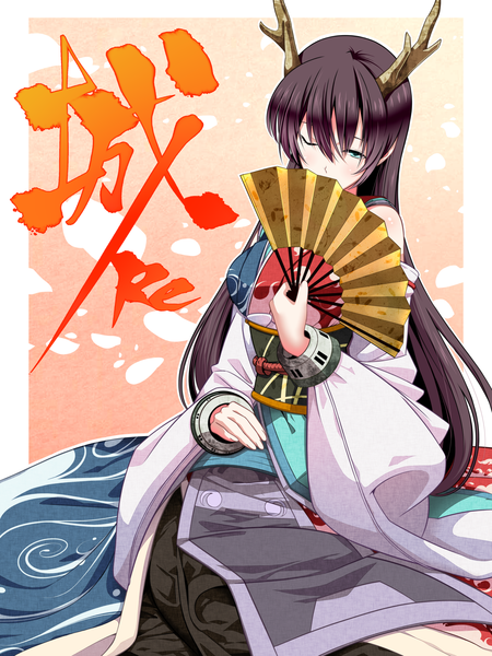 Anime picture 1499x2000 with original tsukumo single long hair tall image blue eyes black hair traditional clothes japanese clothes one eye closed horn (horns) wink girl fan