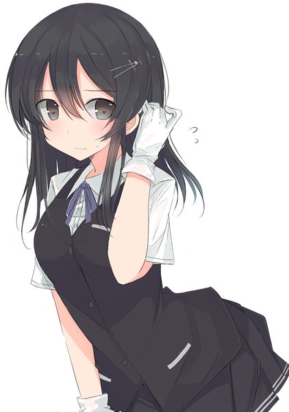 Anime picture 2088x2967 with kantai collection oyashio (kantai collection) nao (qqqbb) single long hair tall image blush fringe highres black hair simple background hair between eyes standing white background payot looking away pleated skirt black eyes short sleeves sweat