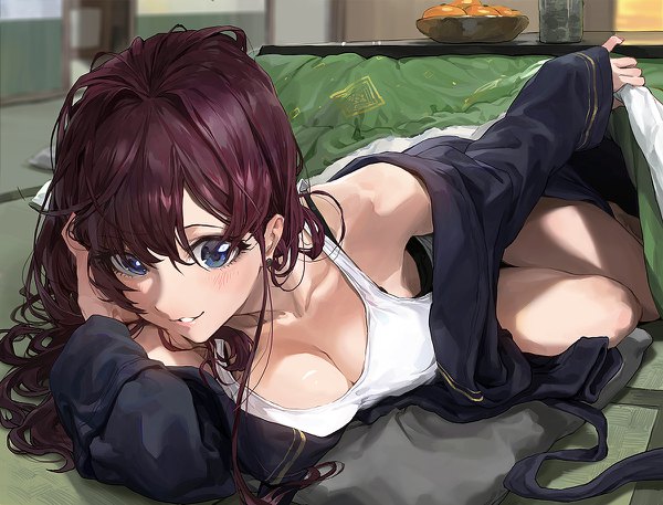 Anime picture 1200x914 with idolmaster idolmaster cinderella girls ichinose shiki modare single long hair fringe breasts blue eyes light erotic hair between eyes brown hair holding cleavage indoors lying parted lips off shoulder adjusting hair on side