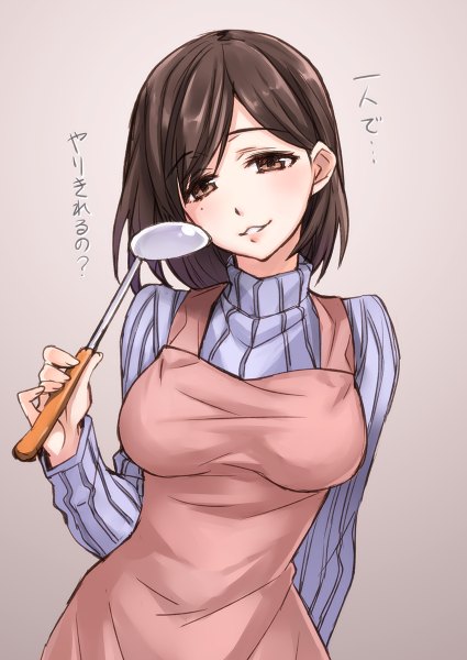 Anime picture 850x1200 with shinken-zemi zemi mama matsuryuu single tall image looking at viewer blush short hair simple background brown hair brown eyes gradient background girl apron sweater turtleneck ladle