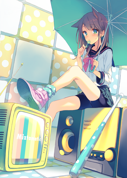 Anime picture 644x900 with original reia single long hair tall image looking at viewer blush fringe brown hair sitting animal ears bent knee (knees) aqua eyes piercing ear piercing polka dot cute girl uniform bow