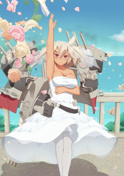 Anime picture 1200x1697 with kantai collection musashi super battleship tachimi (basue) single long hair tall image looking at viewer breasts red eyes large breasts white hair wedding girl dress flower (flowers) weapon petals glasses sea wedding dress