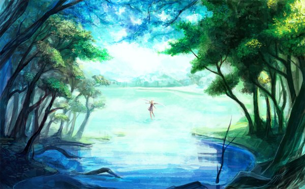 Anime picture 1500x930 with aka tonbo (lovetow) single short hair blonde hair wide image barefoot sunlight no shoes spread arms angel wings girl dress plant (plants) wings tree (trees) water black dress halo