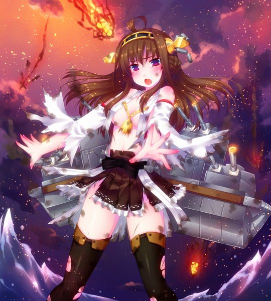 Anime picture 900x1000 with kantai collection kongou battleship door to heaven single long hair tall image blush breasts open mouth light erotic brown hair purple eyes ahoge torn clothes nontraditional miko girl thighhighs weapon black thighhighs torn thighhighs