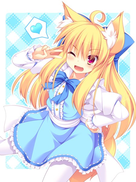 Anime picture 1200x1600 with original roshin single long hair tall image looking at viewer blush fringe open mouth blonde hair red eyes animal ears payot ahoge tail animal tail one eye closed wink puffy sleeves hand on hip
