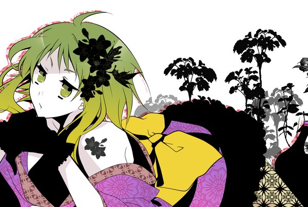 Anime picture 1600x1075 with vocaloid gumi single short hair green eyes green hair tattoo girl gloves bow