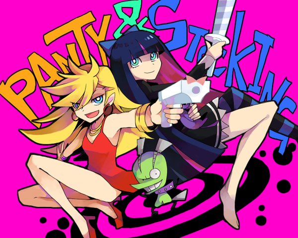 Anime picture 1280x1024 with panty & stocking with garterbelt anarchy stocking anarchy panty chuck long hair blonde hair multiple girls purple hair multicolored hair grin pink background colored inner hair girl thighhighs dress weapon 2 girls earrings animal sword