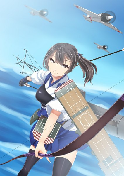Anime picture 724x1024 with kantai collection kaga aircraft carrier hiememiko single long hair tall image looking at viewer black hair black eyes girl thighhighs weapon black thighhighs sea armor bow (weapon) aircraft airplane breastplate muneate