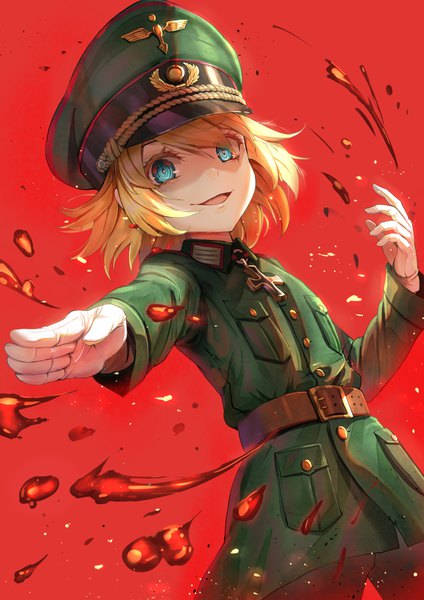 Anime picture 707x1000 with youjo senki tanya degurechaff qian wu atai single tall image short hair open mouth blue eyes blonde hair simple background smile outstretched arm shaded face red background military crazy smile crazy eyes girl uniform belt