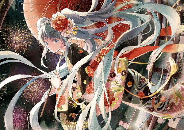 Anime picture 1200x848 with vocaloid hatsune miku michi (iawei) single looking at viewer open mouth twintails outdoors braid (braids) very long hair long sleeves traditional clothes japanese clothes hair flower aqua eyes aqua hair night wide sleeves night sky floral print