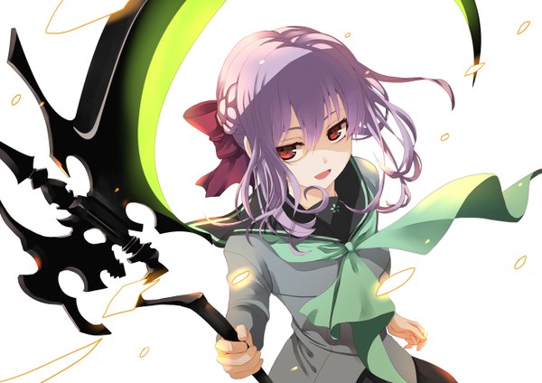 Anime picture 1415x1000 with owari no seraph wit studio hiiragi shinoa kero sweet single long hair fringe open mouth simple background smile hair between eyes red eyes standing white background holding payot looking away purple hair braid (braids) from above
