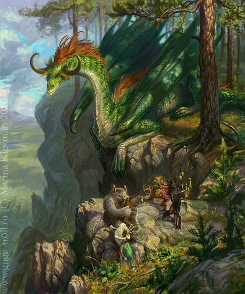 Anime picture 834x1000 with original gugu-troll (artist) tall image elf fantasy nature rock music troll plant (plants) animal tree (trees) forest dragon stone (stones)
