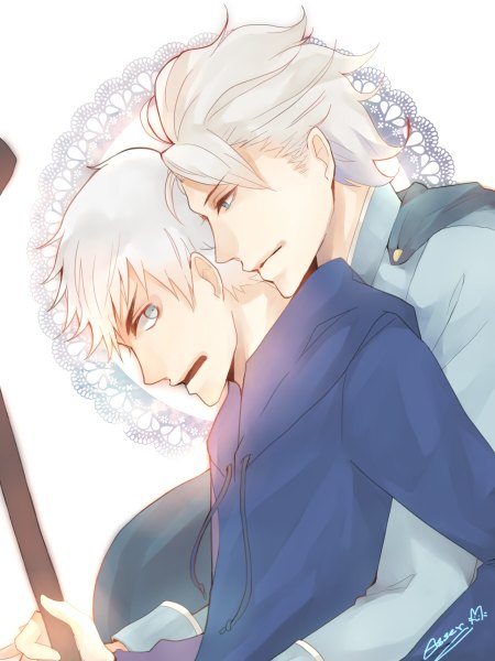 Anime picture 900x1200 with frozen (disney) rise of the guardians disney dreamworks elsa (frozen) jack frost (rise of the guardians) tagme (artist) tall image short hair blue eyes simple background white background white hair profile grey hair multiple boys grey eyes hug genderswap hug from behind