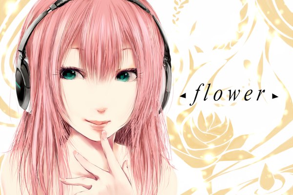 Anime picture 1500x1000 with original nico nico singer torn flipper single long hair blush smile bare shoulders looking away pink hair aqua eyes fingernails nude finger to mouth portrait girl flower (flowers) headphones