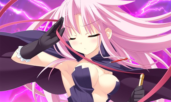 Anime picture 1024x614 with twinkle crusaders twinkle crusaders -passion star stream- lilian tyrol (twinkle crusaders -passion star stream-) long hair breasts light erotic wide image pink hair game cg eyes closed girl dress gloves ribbon (ribbons) cape
