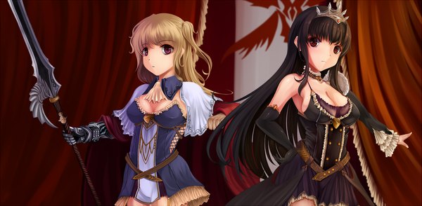 Anime picture 2203x1080 with rhineheim long hair looking at viewer highres light erotic black hair blonde hair red eyes wide image purple eyes multiple girls cleavage girl dress gloves weapon 2 girls detached sleeves elbow gloves crown