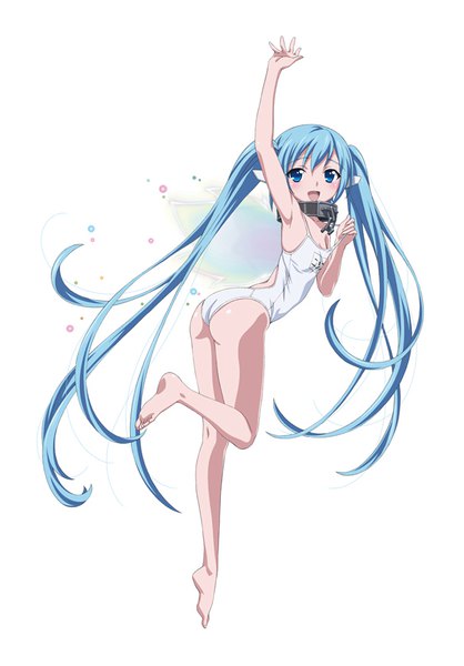 Anime picture 1132x1626 with sora no otoshimono nymph (sora no otoshimono) single tall image blush open mouth blue eyes light erotic simple background smile standing white background twintails blue hair looking away bent knee (knees) ass very long hair looking back arm up