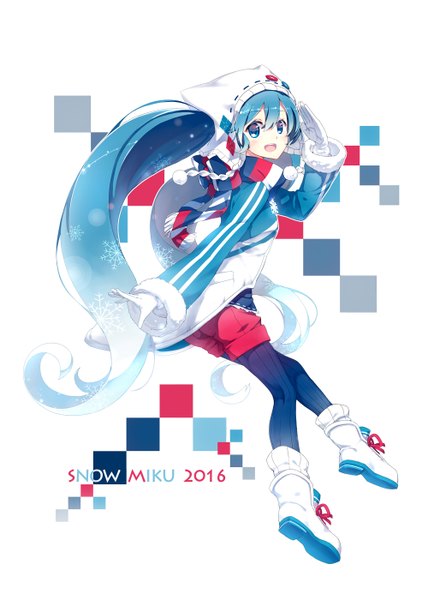Anime picture 999x1399 with vocaloid hatsune miku yuki miku yuki miku (2016) lf single tall image looking at viewer blush open mouth blue eyes simple background white background twintails blue hair very long hair looking back character names outstretched arm salute