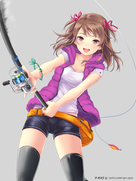 Anime picture 640x853 with ilog suminaka kaori occhan single long hair tall image looking at viewer fringe open mouth simple background brown hair standing twintails brown eyes grey background open clothes open jacket short twintails happy fishing