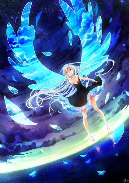 Anime picture 707x1000 with yenkoes single tall image blue eyes smile bare shoulders cloud (clouds) full body white hair very long hair night night sky grin reflection girl dress petals wings frills sea