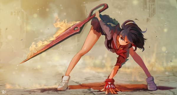Anime picture 1500x808 with kill la kill studio trigger matoi ryuuko zzing single short hair blue eyes black hair wide image signed looking away red hair multicolored hair two-tone hair streaked hair bent over girl skirt gloves uniform