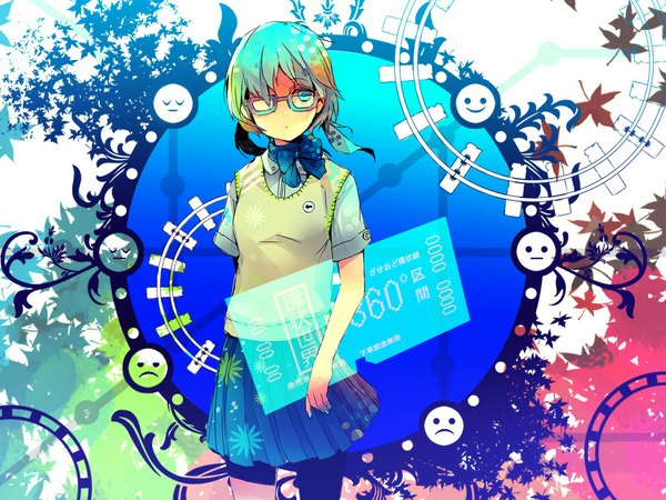 Anime picture 1024x768 with vocaloid hatsune miku nitro kyosuke single fringe short hair standing twintails nail polish pleated skirt multicolored hair aqua eyes aqua hair short twintails girl skirt bow miniskirt shirt glasses