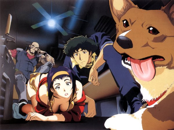 Anime picture 1541x1160 with cowboy bebop sunrise (studio) faye valentine spike spiegel ein (cowboy bebop) jet black breasts light erotic purple hair welsh corgi thighhighs animal hairband dog beard