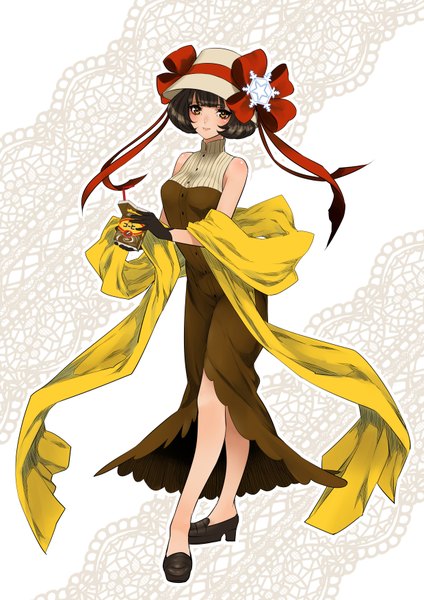 Anime picture 2480x3508 with original yukijirushi yukiko-tan tamachi kuwa single tall image looking at viewer blush highres short hair smile brown hair bare shoulders brown eyes girl dress gloves ribbon (ribbons) hat coffee