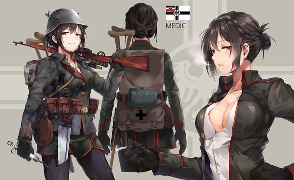 Anime picture 1500x922 with battlefield battlefield 1 neko (yanshoujie) looking at viewer blush fringe short hair breasts open mouth light erotic black hair smile hair between eyes wide image large breasts standing holding brown eyes payot cleavage