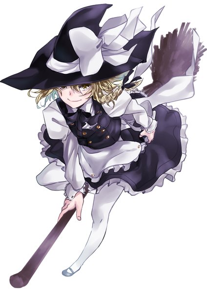 Anime picture 1240x1753 with touhou kirisame marisa nana g single tall image looking at viewer short hair blonde hair simple background smile white background yellow eyes flying witch girl thighhighs skirt white thighhighs witch hat skirt set