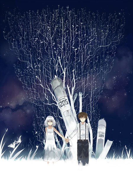 Anime picture 1500x2000 with imoman (artist) tall image short hair brown hair sky white hair night sky girl dress boy plant (plants) tree (trees) insect butterfly star (stars)