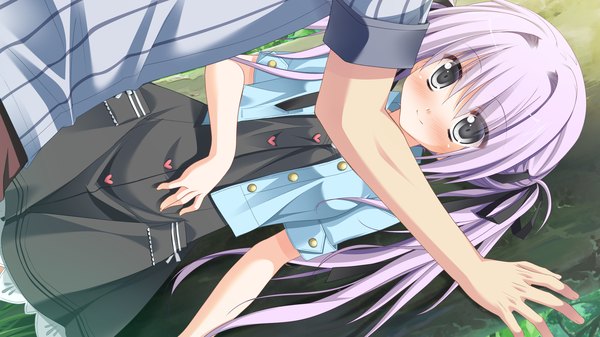 Anime picture 2560x1440 with 1/2 summer kuonji sora sesena yau long hair blush highres smile wide image twintails game cg purple hair girl ribbon (ribbons) hair ribbon