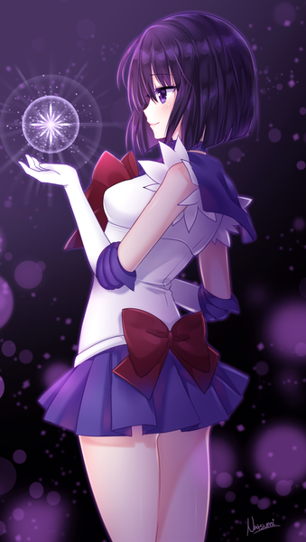 Anime picture 566x1000 with bishoujo senshi sailor moon toei animation tomoe hotaru sailor saturn nami (nyaa) tall image blush fringe short hair purple eyes purple hair light smile from behind magic girl gloves bow elbow gloves white gloves suit