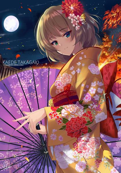 Anime picture 770x1100 with idolmaster idolmaster cinderella girls takagaki kaede fukai ryosuke single tall image looking at viewer smile brown hair signed traditional clothes japanese clothes night night sky character names heterochromia inochi moyashite koiseyo otome girl hair ornament kimono