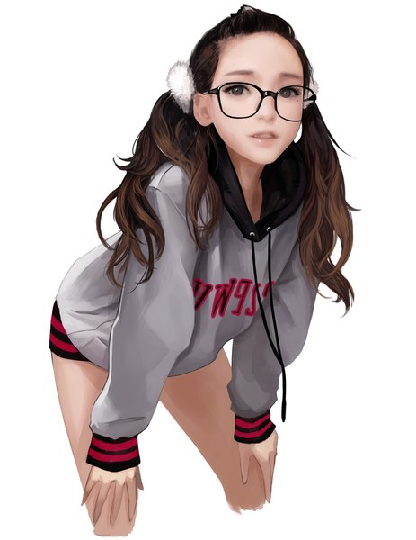 Anime picture 1546x2000 with sakusaku (frostce) single long hair tall image looking at viewer brown hair brown eyes realistic leaning leaning forward girl glasses hood hoodie