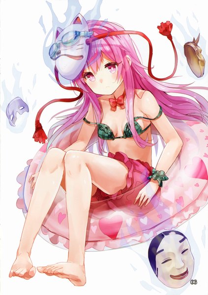 Anime picture 2853x4050 with touhou hata no kokoro 77gl single long hair tall image blush highres light erotic white background pink hair pink eyes barefoot scan glowing looking down mask on head adapted costume girl shorts