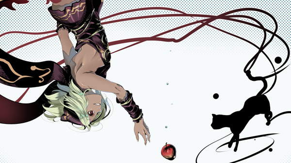 Anime picture 1920x1080 with gravity daze kat (gravity daze) dusty (gravity daze) c-kama single highres short hair simple background blonde hair smile red eyes wide image white background bare shoulders profile wallpaper dark skin outstretched hand upside down girl