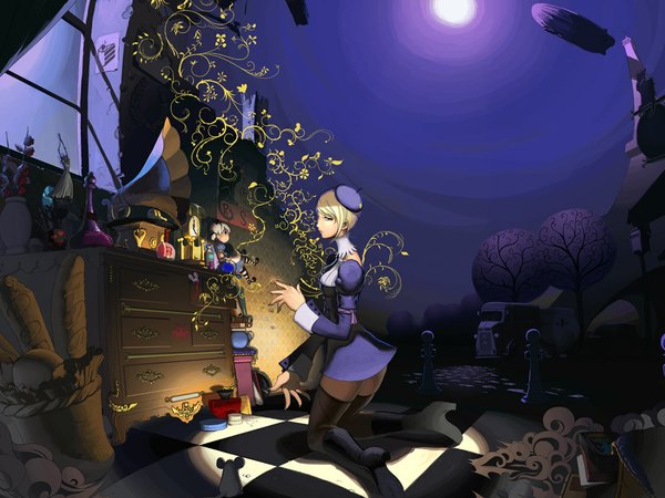 Anime picture 1024x768 with original nekkeau short hair blonde hair night zettai ryouiki kneeling checkered floor thighhighs hat boots moon beret mouse chess phonograph eiffel tower