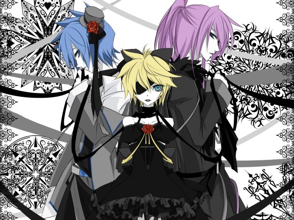 Anime picture 1200x900 with vocaloid kagamine len kaito (vocaloid) kamui gakupo haru aki goth-loli crossdress girl boy eyepatch