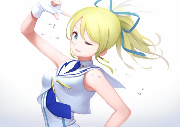 Anime picture 1000x706 with love live! school idol project sunrise (studio) love live! ayase eli bon-da single long hair blue eyes blonde hair smile white background ponytail one eye closed wink girl gloves ribbon (ribbons) hair ribbon fingerless gloves