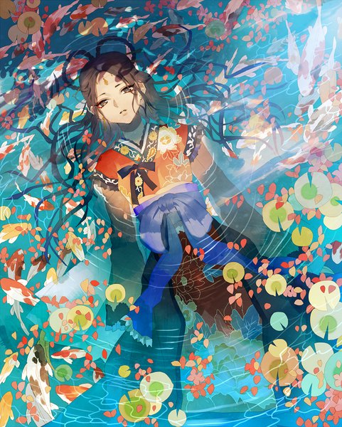 Anime picture 642x800 with original tsukioka tsukiho single long hair tall image looking at viewer black hair braid (braids) traditional clothes from above black eyes partially submerged afloat ophelia's pose girl flower (flowers) earrings animal petals water