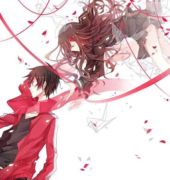 Anime picture 943x1000 with kagerou project shaft (studio) tateyama ayano kisaragi shintarou flywinga7 long hair tall image fringe short hair brown hair white background brown eyes bent knee (knees) eyes closed profile pleated skirt open clothes open jacket girl boy